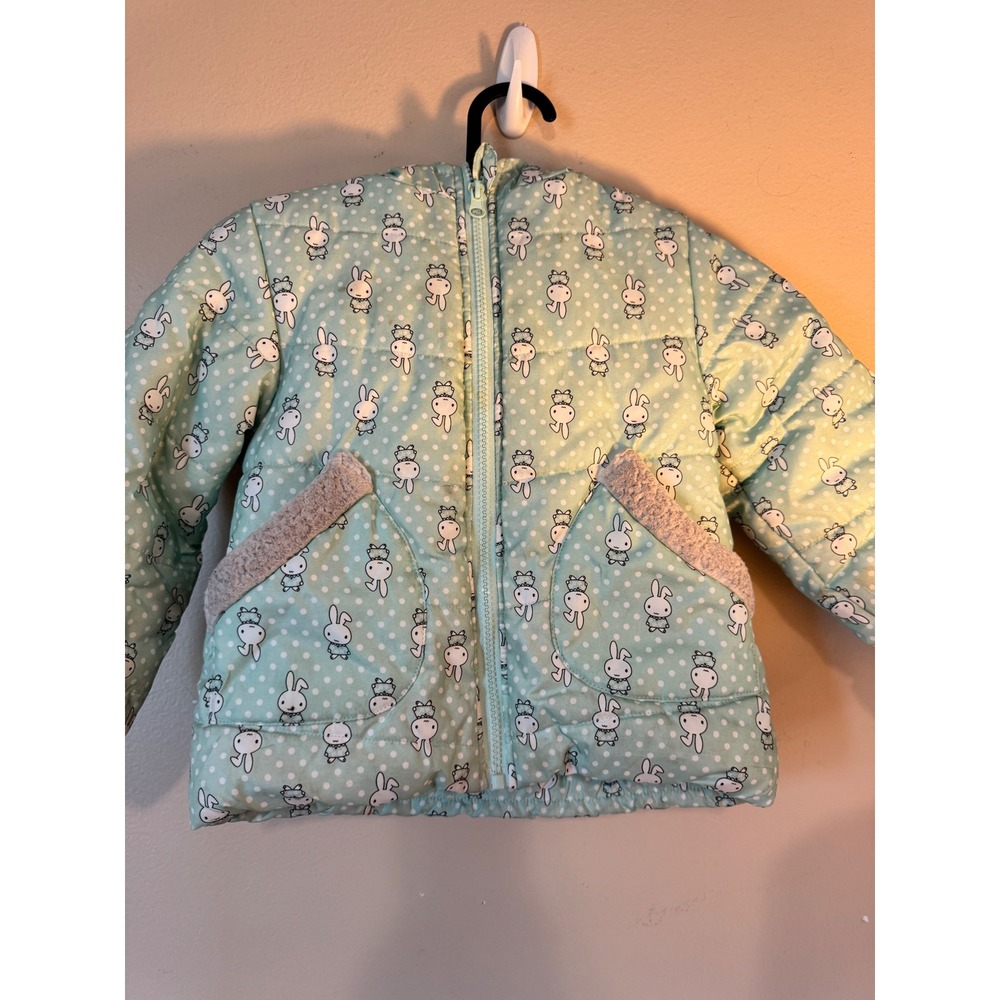 Cute Paradise Kids Mint Green Bunny Rabbit Polka Dot Puffer Jacket Fleece Lined